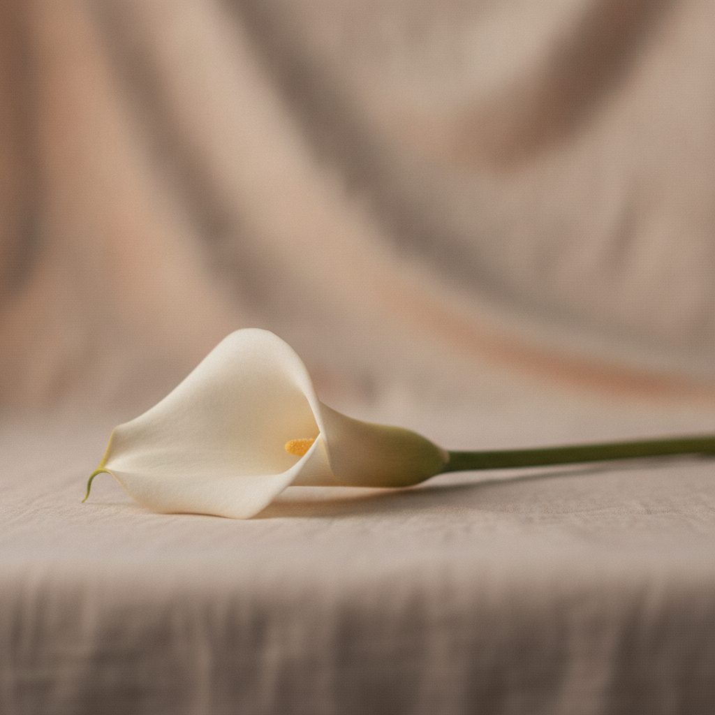 A single white lily on a soft neutral surface
